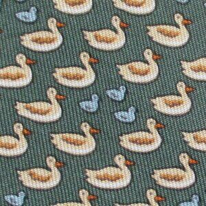100% REAL HERMES TIE ~ DARKER GREEN w WHITE MOTHER DUCKS BLUE BABY DUCKS XL